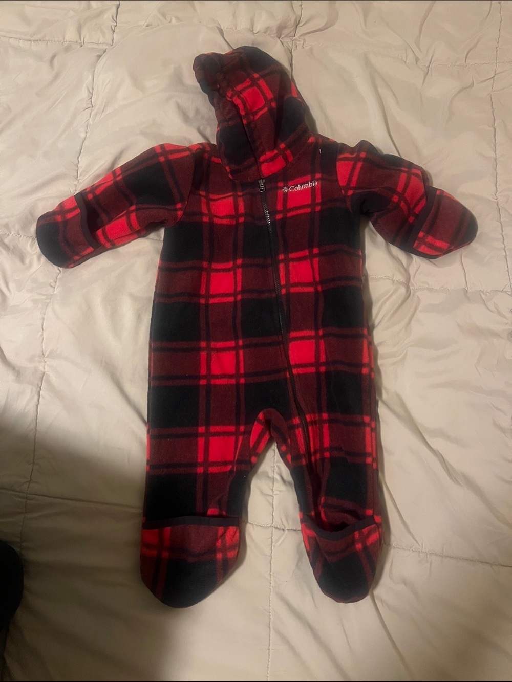 Columbia Red and Black Plaid Fleece Hooded Baby One-Piece